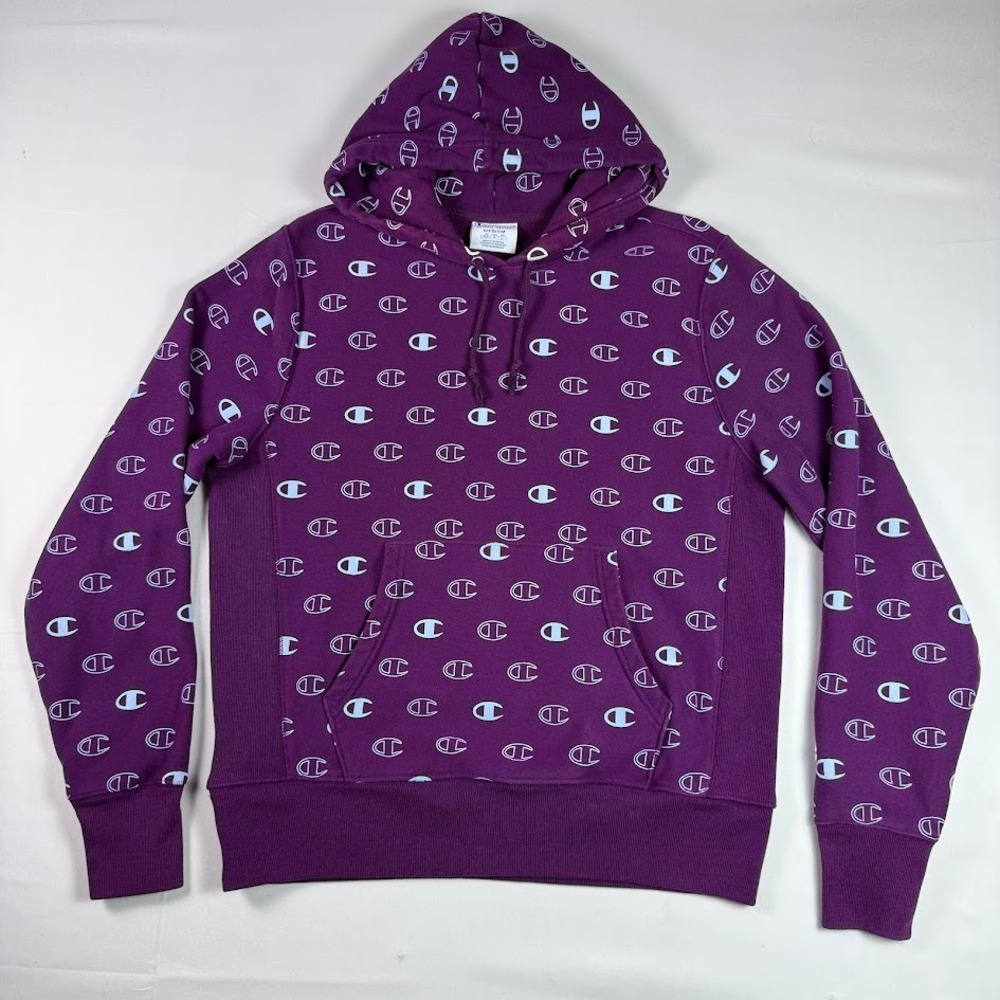 Champion Reverse Weave Purple All Over Logo Print Hoodie Womens Medium